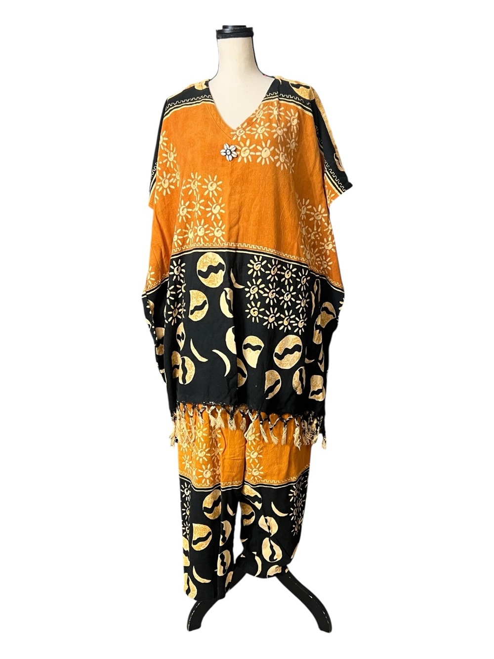 M.M.K Collection Batik Sun & Moon Caftan Pant Set Yellow Black Fringe One Size